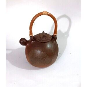 Rare Vintage Clay Teapot Stamped "JB" Bamboo Handle